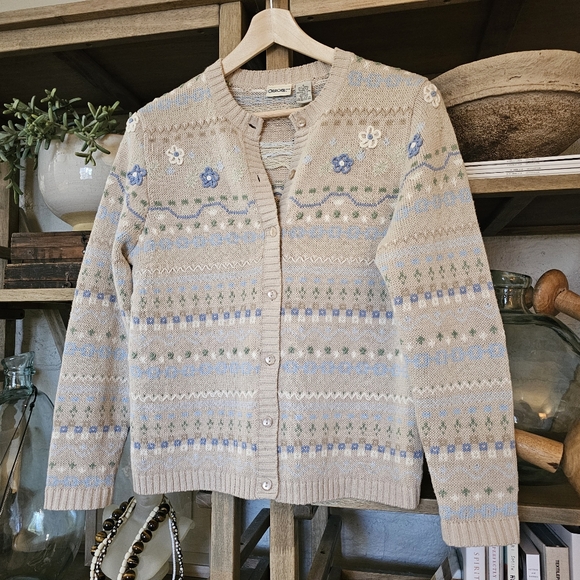 Vintage Sweaters - Vintage 90's Cottagecore Granny Cardigan Tan Sage Blue Crochet Floral Embroidery